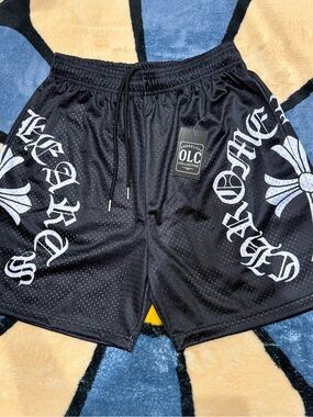Black Gothic Cross Mesh Shorts Streetwear Metal Tip Drawstrings NWT